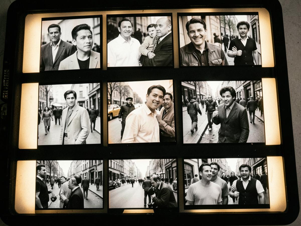 Black and white 35mm contact sheet glowing on a darkroom lightbox
